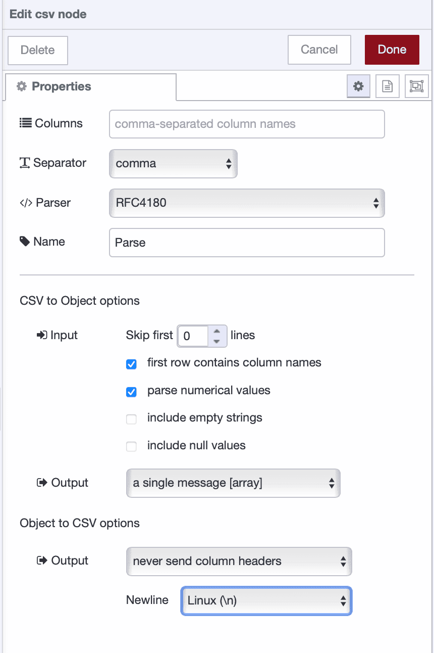 CSV node configuration showing comma separator, RFC4180 parser, first row as column names, parse numerical values enabled, and output as single message array